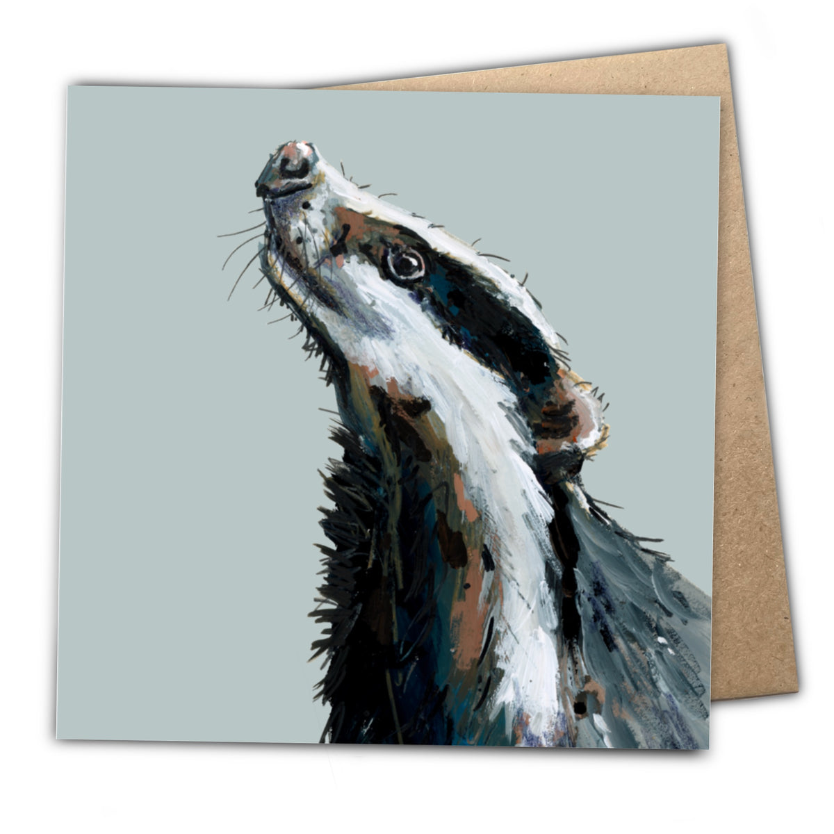 A square badger greetings card with a kraft envelope.