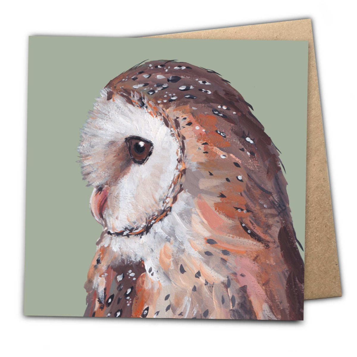 A 14.5cm square eco-friendly greetings card featuring a painted barn owl portrait design with its recycled envelope.