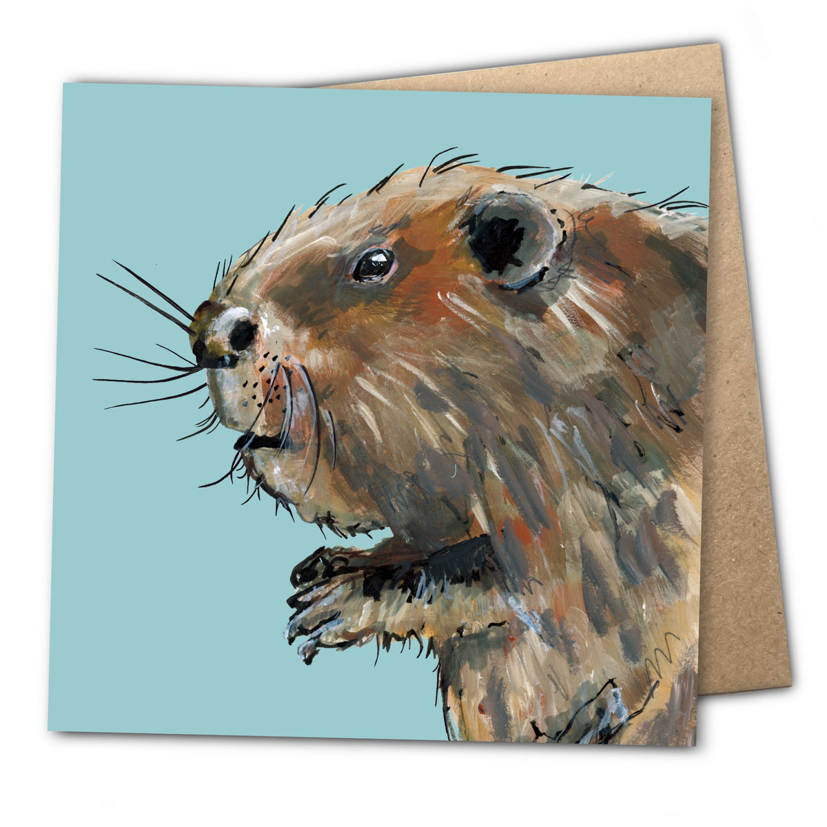 A square greetings card featuring Bushy the Beaver on a light blue background. The bird card is shown with a brown kraft envelope behind it on a white studio background.