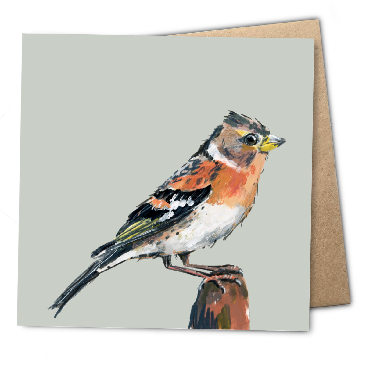 An original brambling bird illustration printed on a square blank card. Buffle the Bramling is a vibrant orange and black bird.