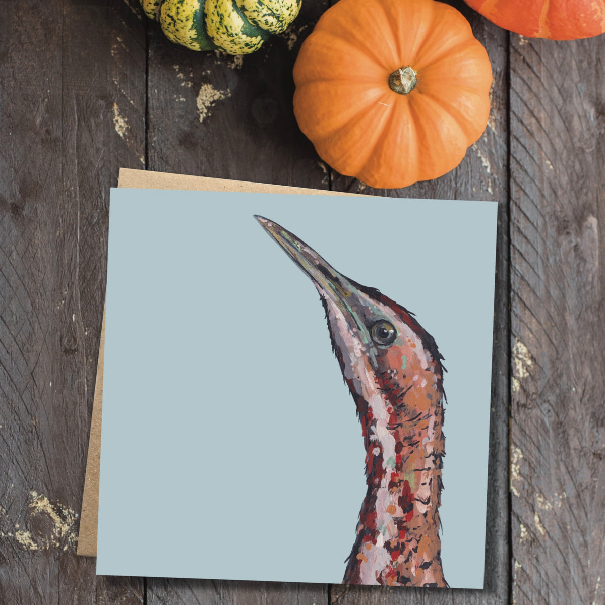 A square blank greetings card showing a painted illustration of a bittern bird against a light blue background, with a brown kraft paper envelope.