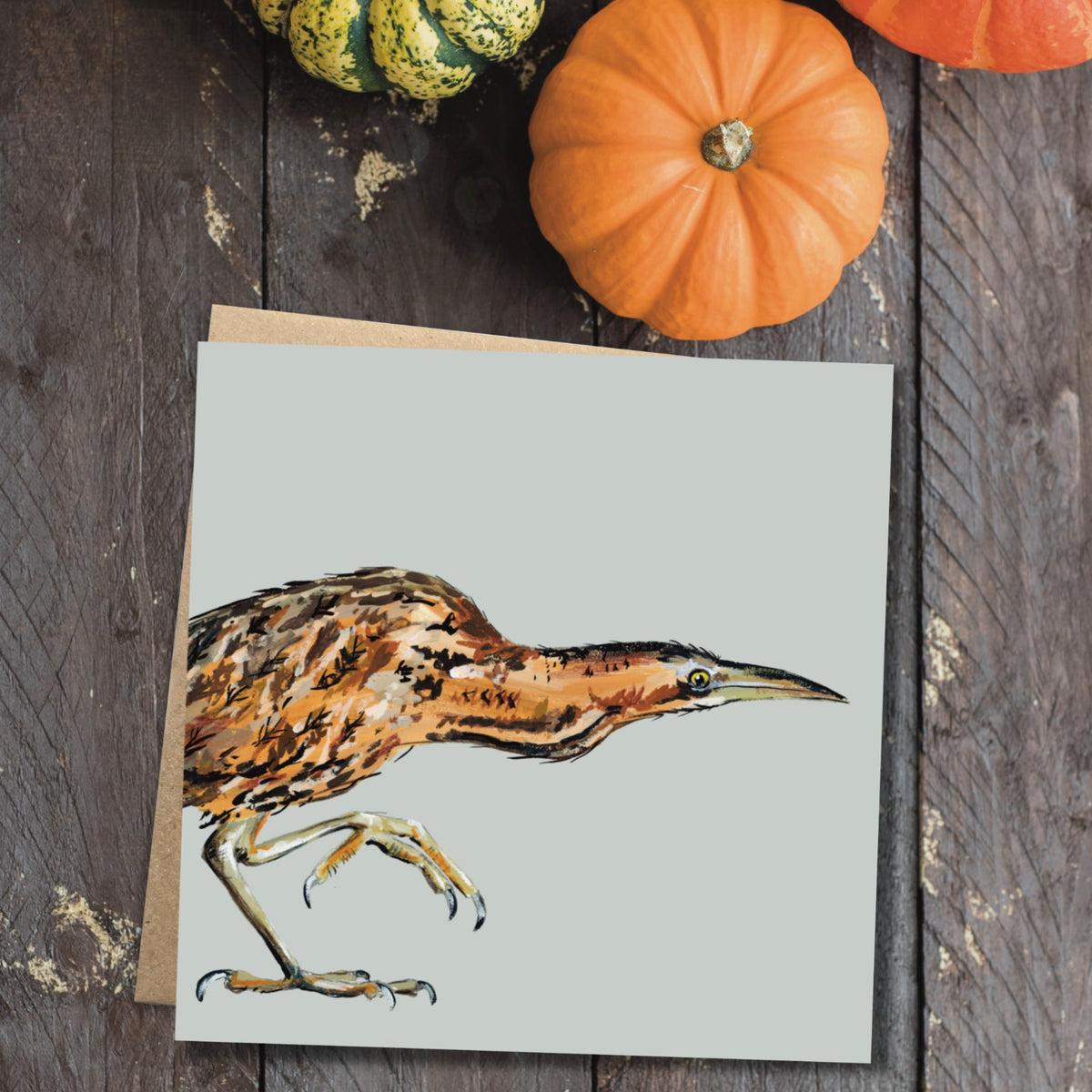 Square Wilber the Bittern greetings card displayed flat next to its rustic, 100% recycled brown kraft paper envelope.