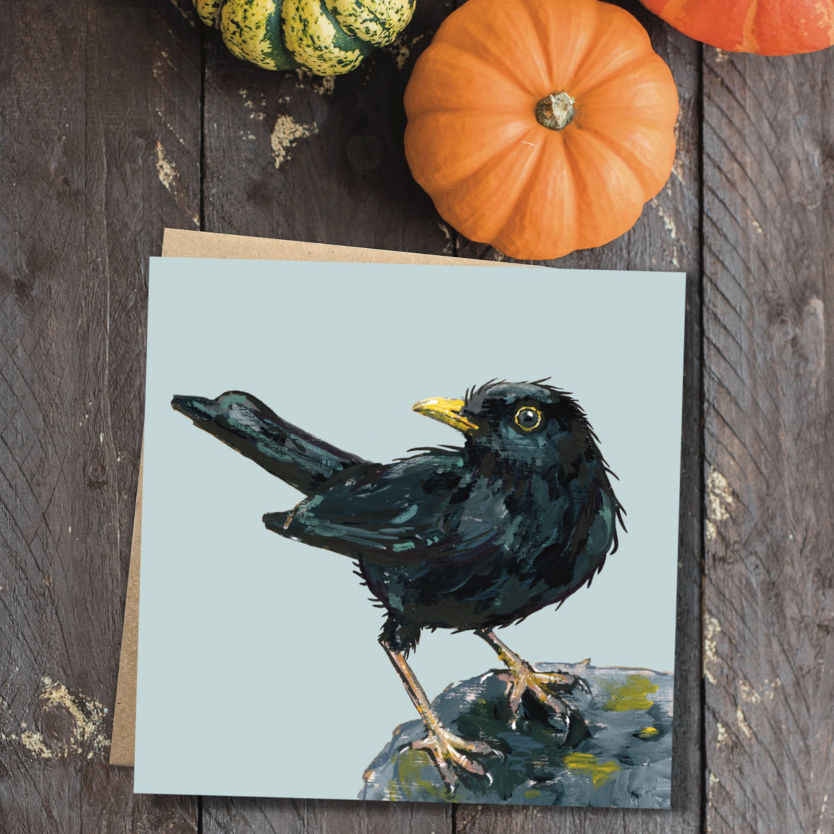 Ellwood Parker square eco-friendly card featuring Ruffles the Blackbird, original British wildlife art by Louise Ellwood Parker.