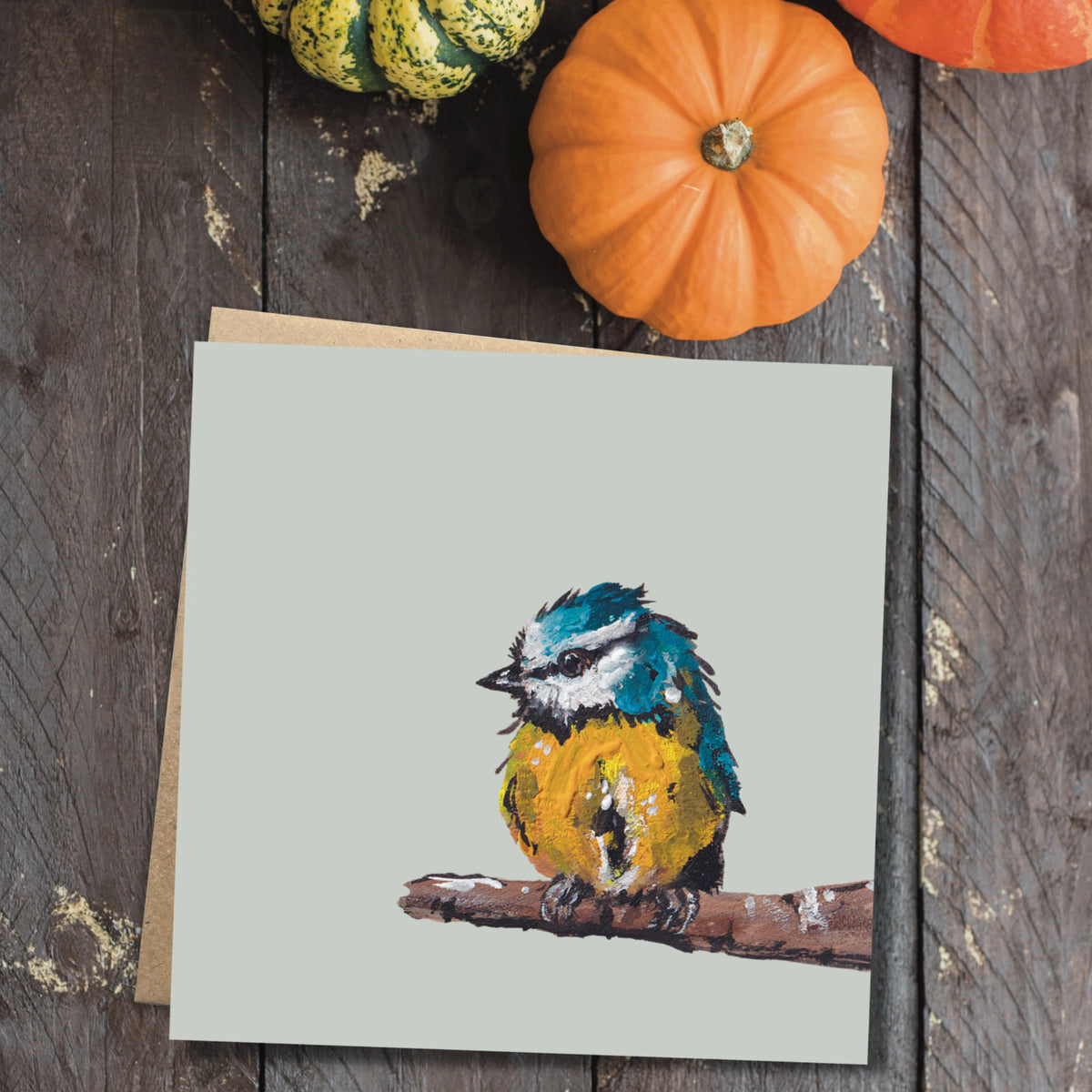 Ellwood Parker eco-friendly greetings card featuring Ken the Blue Tit, taken from an original British wildlife painting by Louise Ellwood Parker.