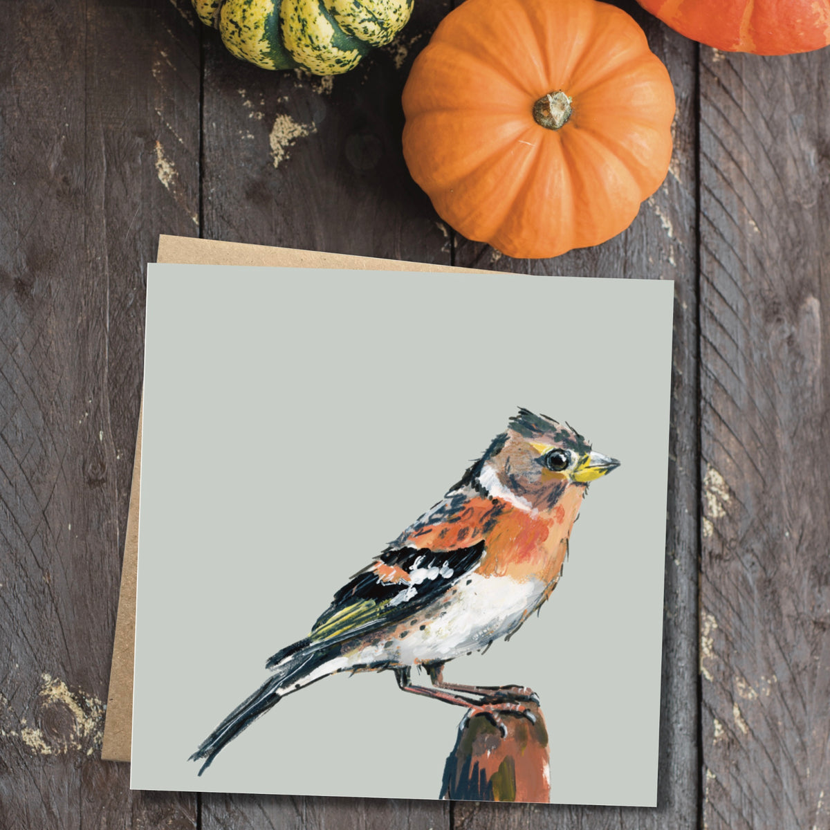 Square wildlife art greetings card shown with a 100% recycled kraft paper envelope, plastic-free sustainable stationery by Ellwood Parker.