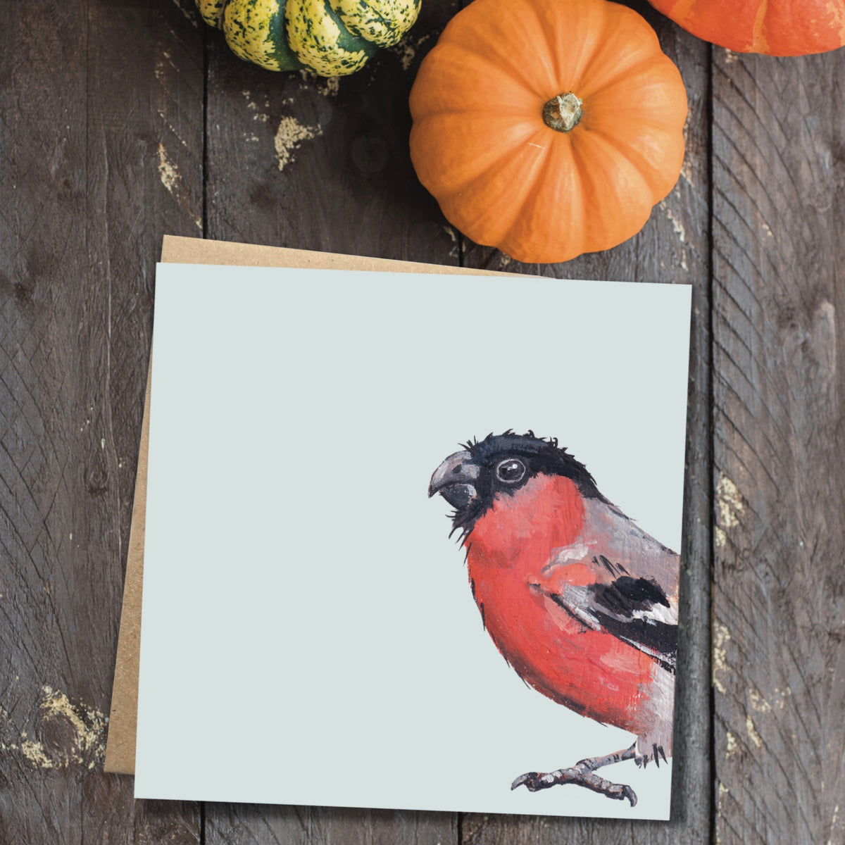 Square blank bird card with a colourful male bullfinch, garden bird, painting displayed on a pale blue background.