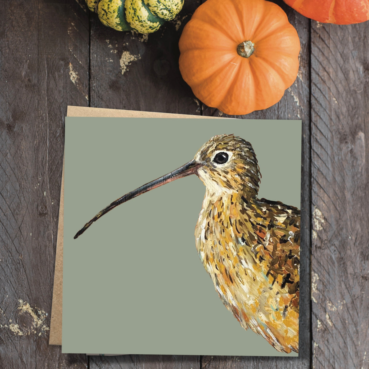 Square curlew bird wildlife stationery card shown with its 100 percent recycled kraft paper envelope.