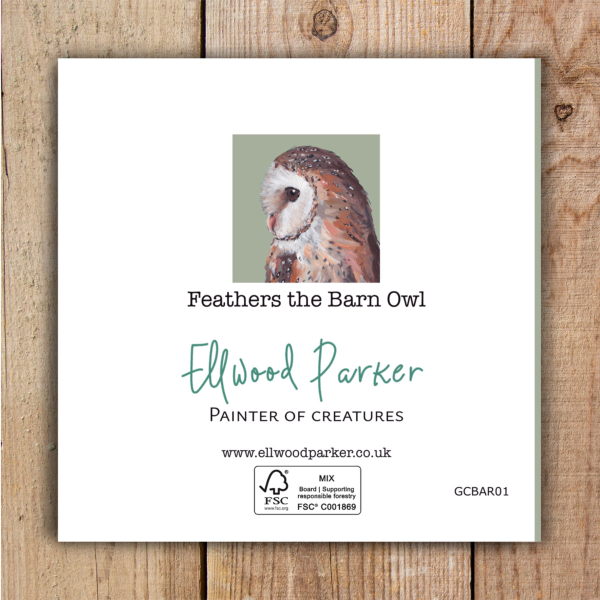 The back of a barn owl greetings card by wildlife artist Ellwood Parker.
