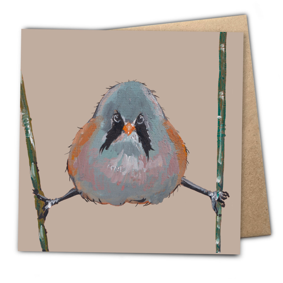 A square eco-friendly greetings card featuring Fiddles the Bearded Tit perched on thin branches. The bird card is shown with a kraft envelope behind it on a white background.
