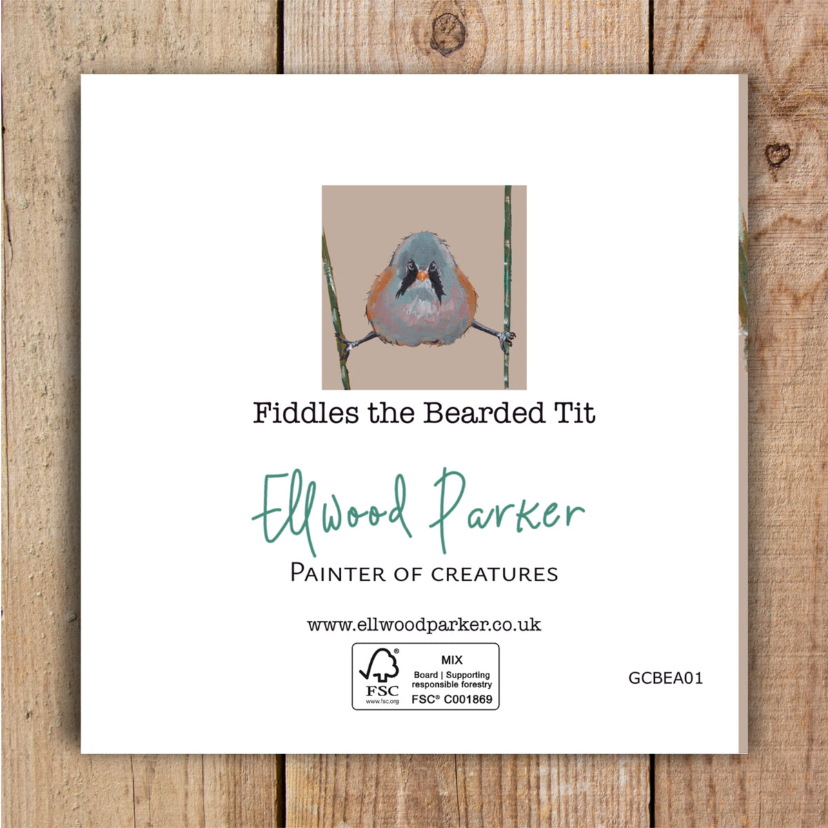 The back of a square blank art card featuring Fiddles the Bearded Tit by wildlife artist Louise Ellwood Parker.