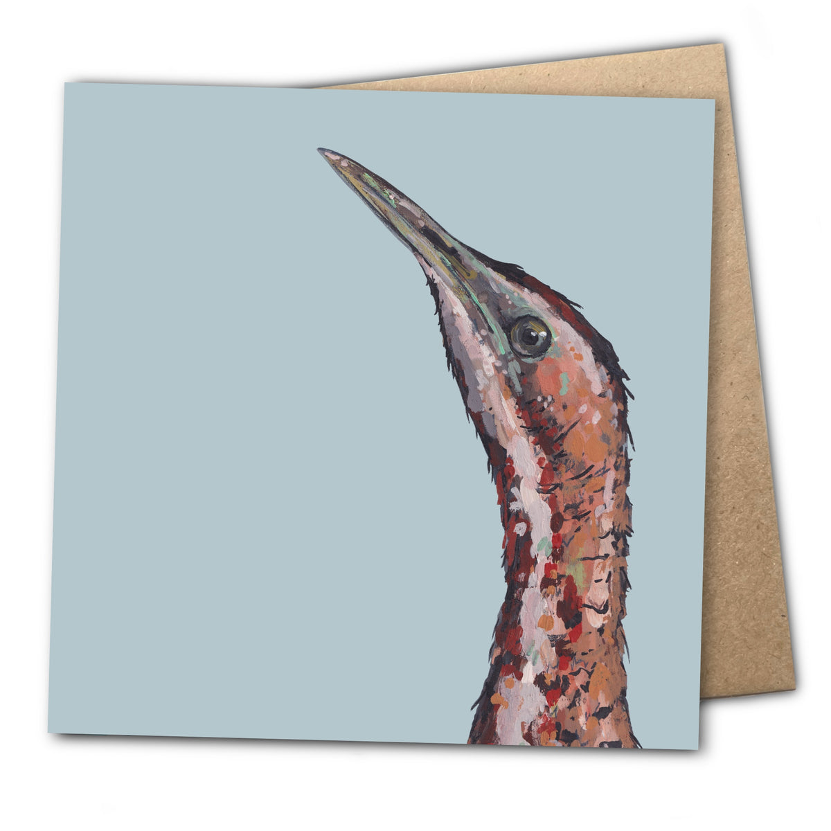 A square card featuring a detailed close-up painting of the head of Frank the Bittern with his brown, pink and grey feathers on a light blue background. The card is shown with its 100% recycled brown kraft envelope behind it.
