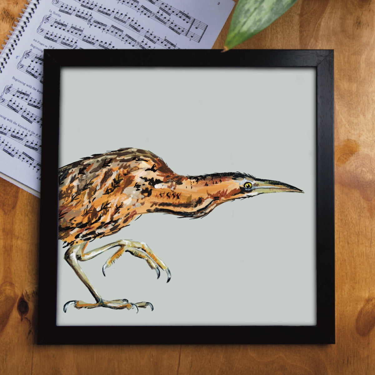 Original British wildlife illustration depicting a secretive bittern, displayed in a frame by eco artist Louise Ellwood Parker 