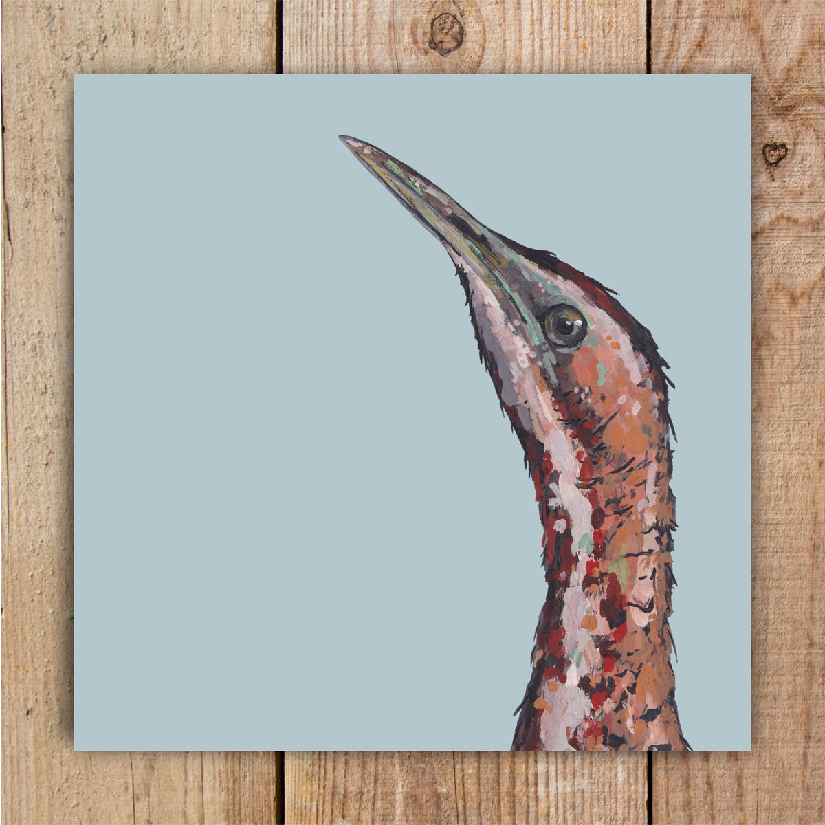 A square eco-friendly greetings card featuring a close-up, painted portrait of a bittern's head and long neck against a solid, pale blue background.