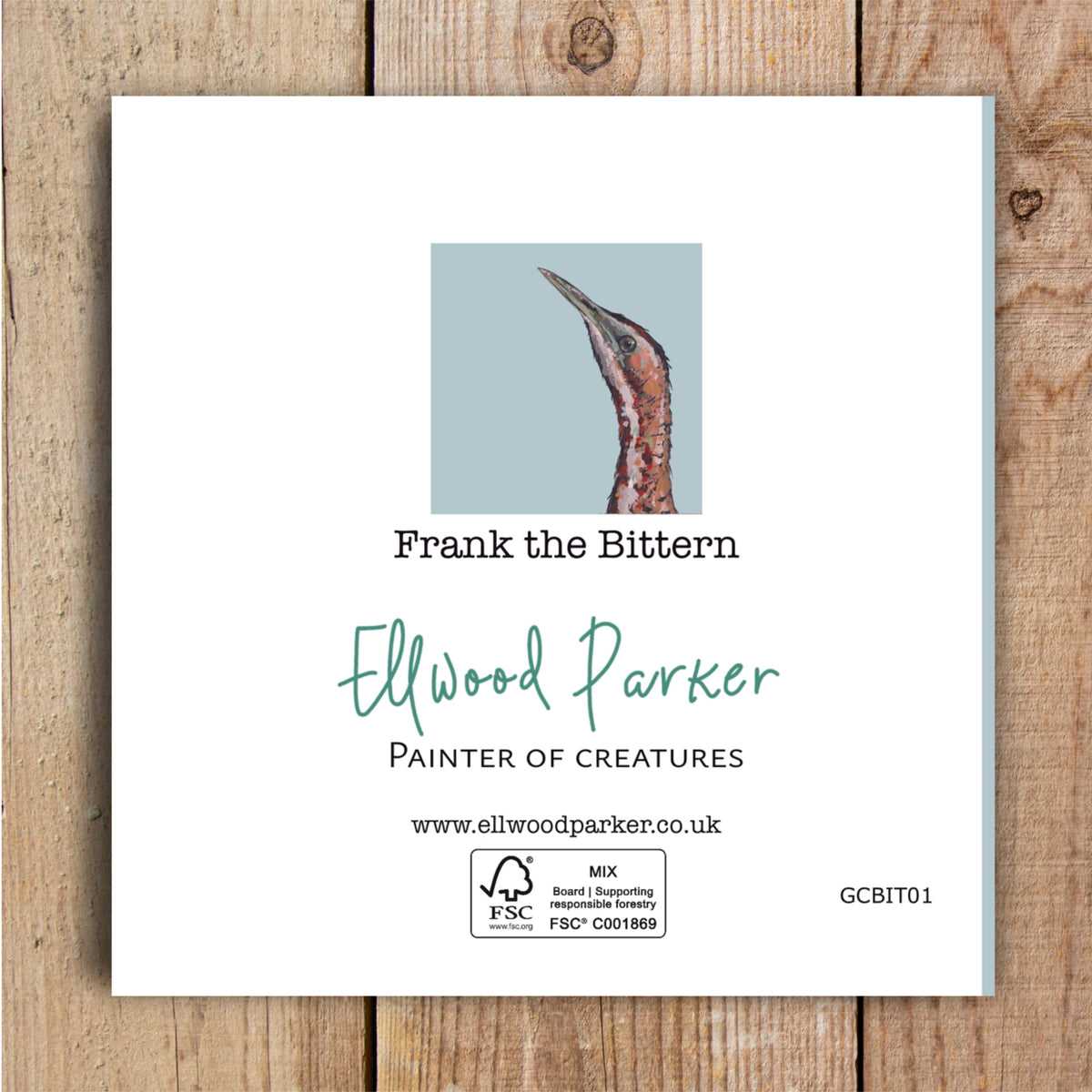 The reverse side of a square blank art card featuring an illustration of Frank the Bittern by wildlife artist and painter Louise Ellwood Parker.