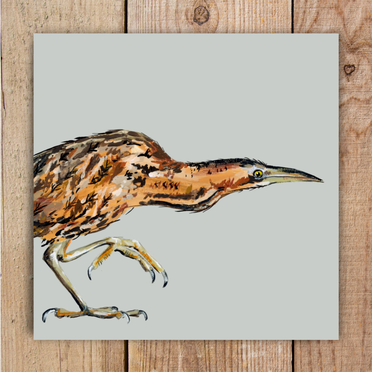 Square eco-friendly greetings card featuring an original wildlife painting of a creeping Bittern called Wilber by Louise Ellwood Parker.