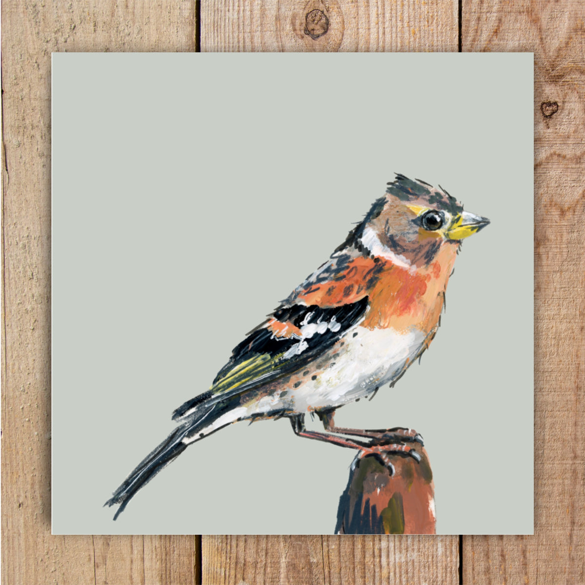 Bramling greetings card featuring Buffle the Bramling, a bird painted by British wildlife artist Louise Ellwood Parker, square eco-friendly card.