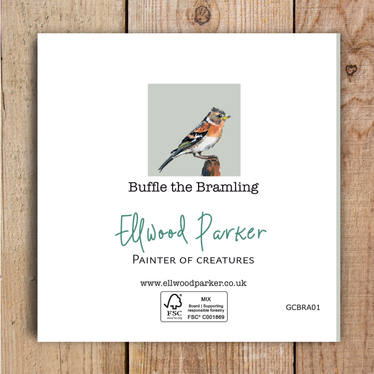 Reverse side of 100% FSC certified paper greetings card of Ellwood Parkers Buffle the Bramling.