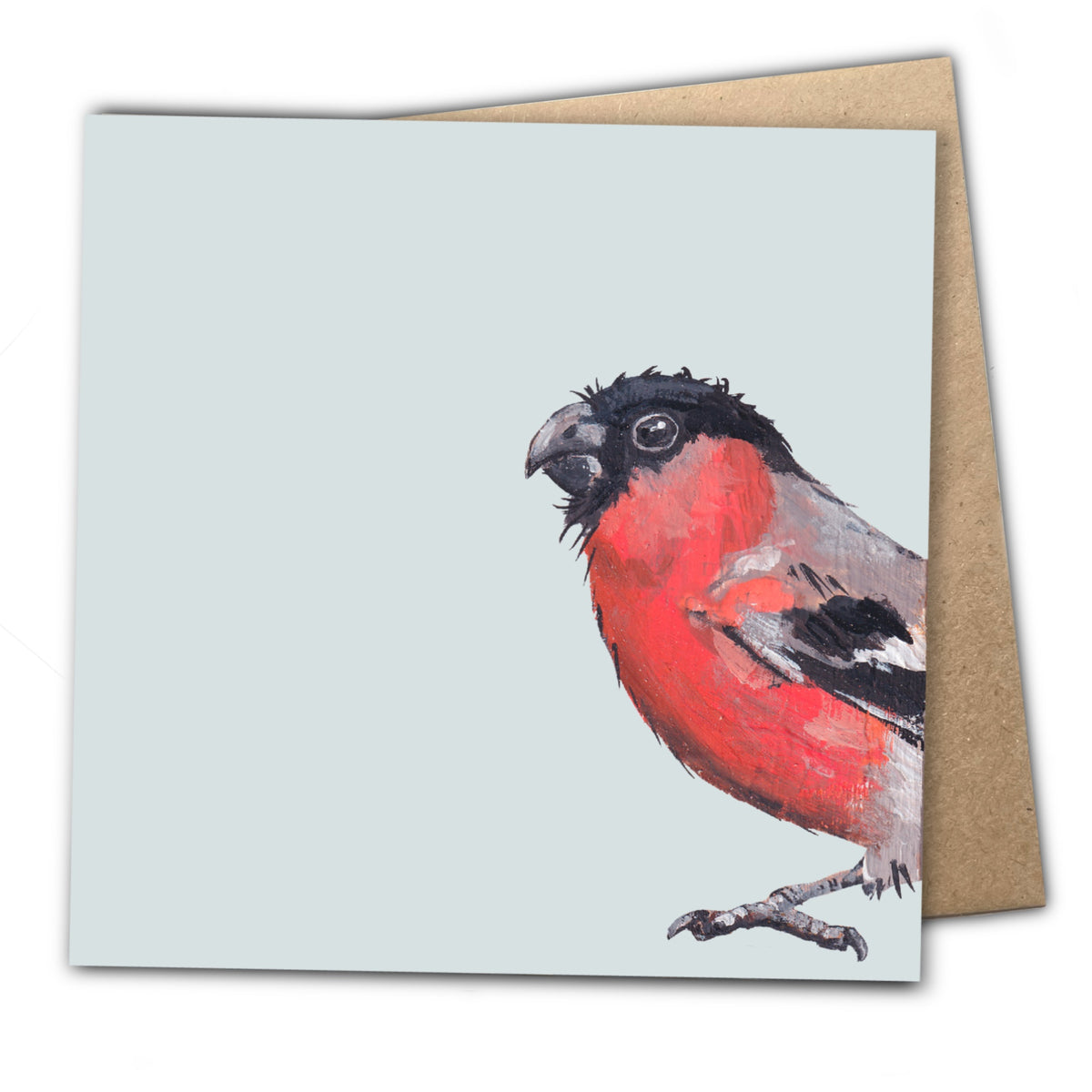 Plastic-free eco friendly greetings card of a British garden bird, Sprout the Bullfinch, shown next to its 100% recycled brown kraft paper envelope.