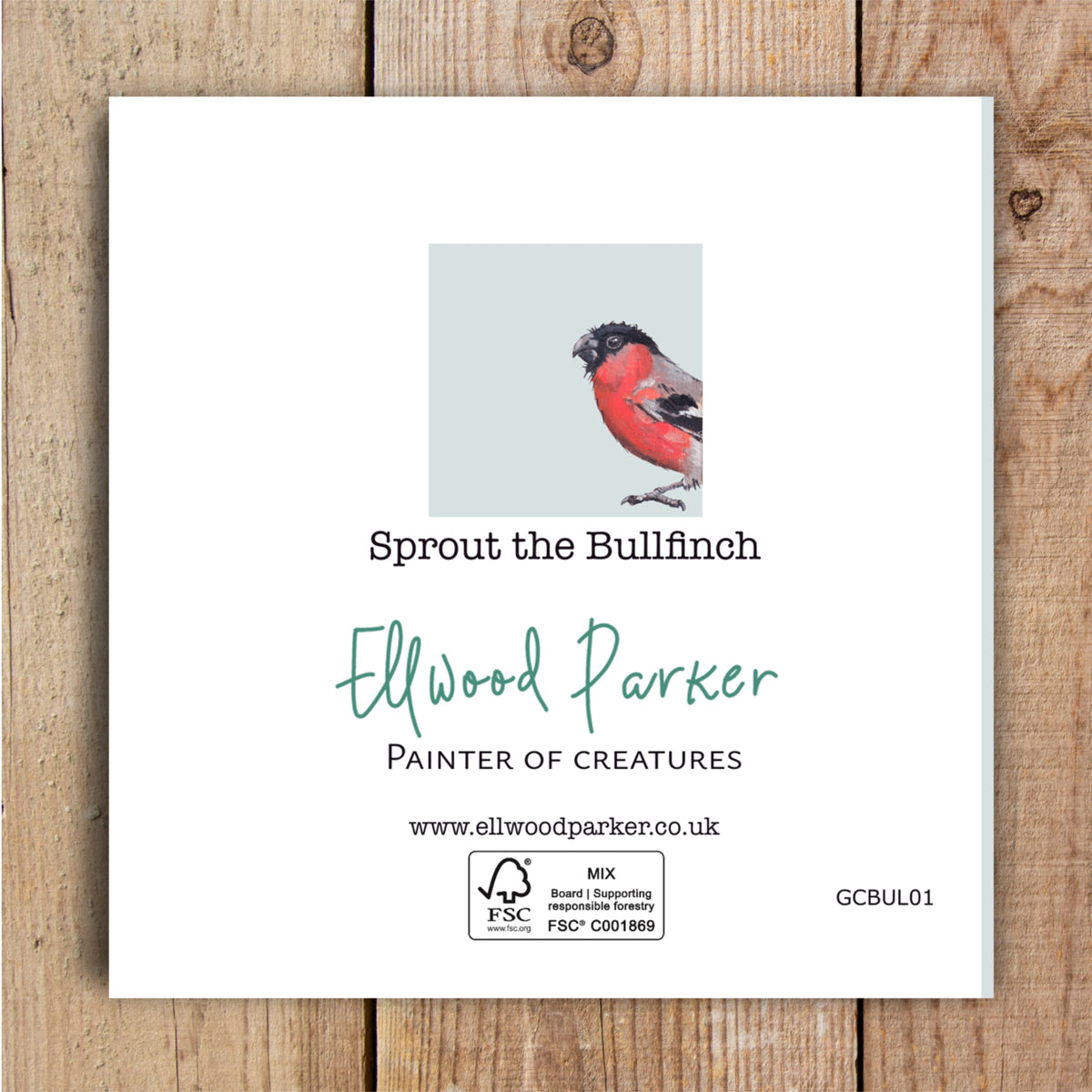The reverse side of the Ellwood Parker wildlife card of Sprout the Bullfinch bird showing the brand logo and FSC details.