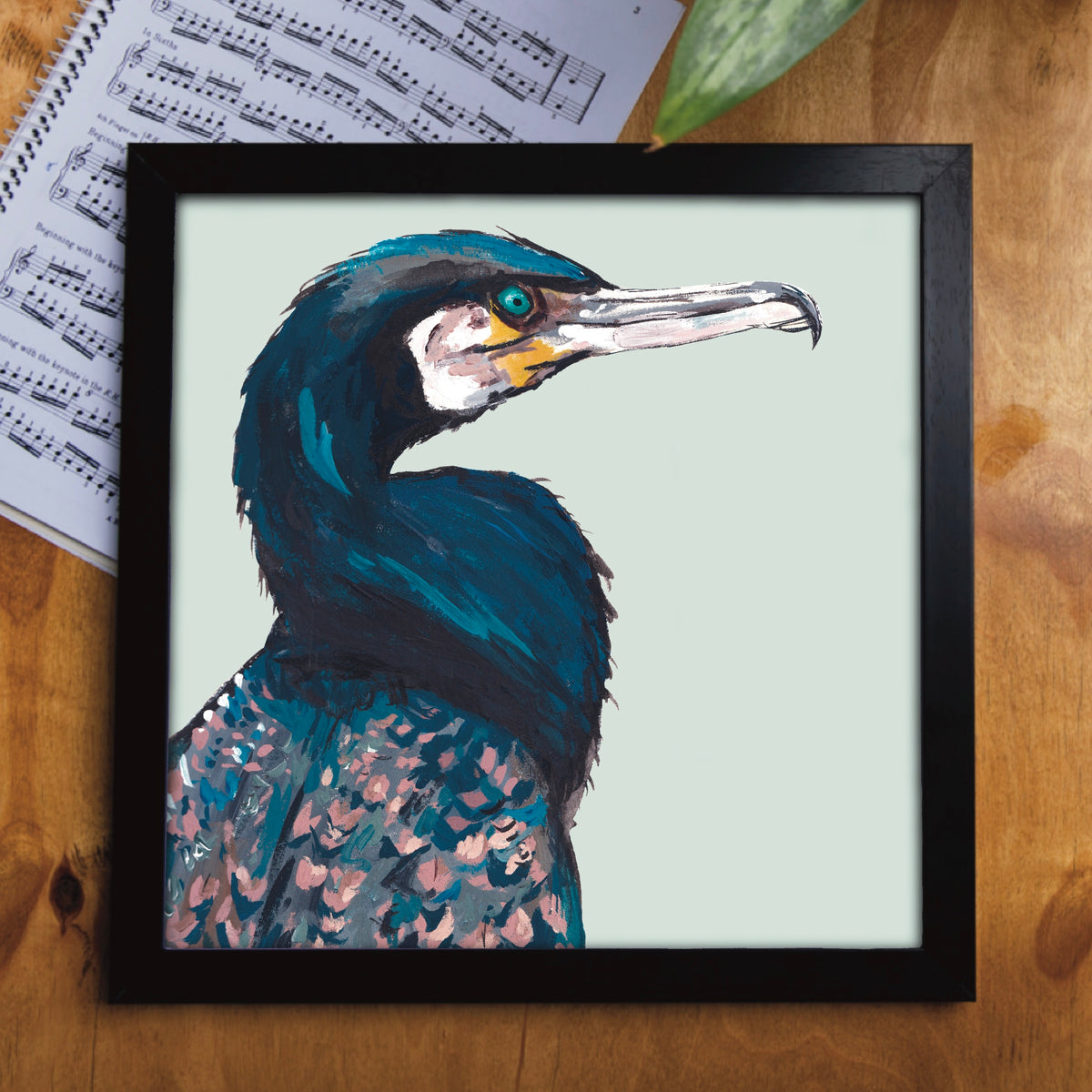 Fine art print showing a black cormorant bird called Rudders. Painted by Ellwood Parker and printed on high-quality FSC-certified matte white cardstock.
