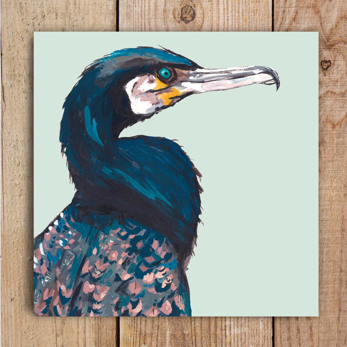 Original cormorant wildlife painting titled Rudders by British artist Louise Ellwood Parker featured on a square eco-friendly greetings card.