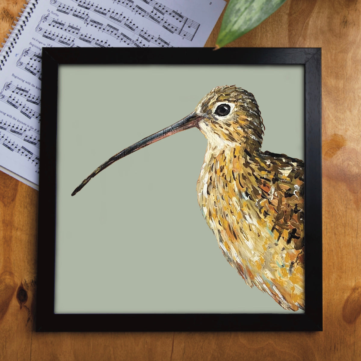 Black framed picture of a curlew painting by eco artist Louise Ellwood Parker