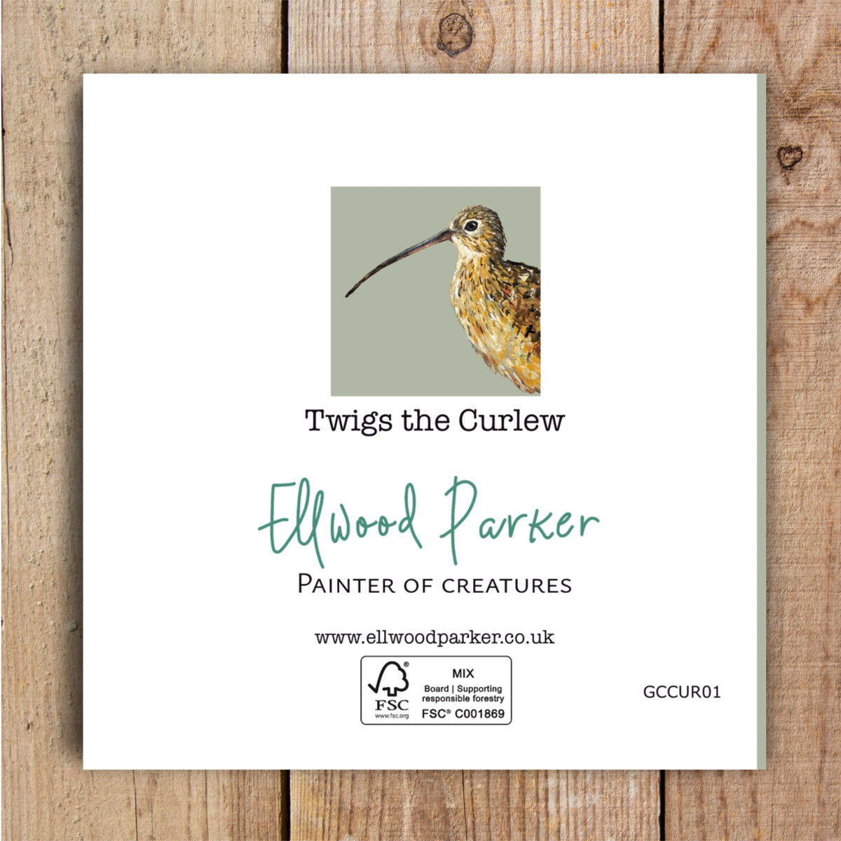 The reverse of a square curlew bird greetings card displaying the eco friendly plastic free packaging.