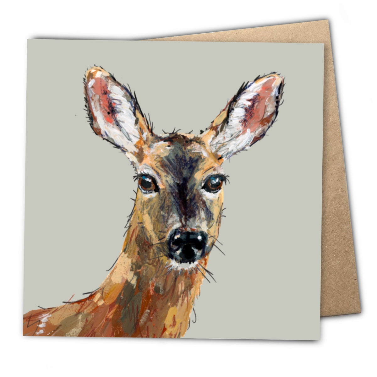 Eco square card of a fawn deer called Dinky. Printed on premium 100 percent FSC certified sustainable card stock.