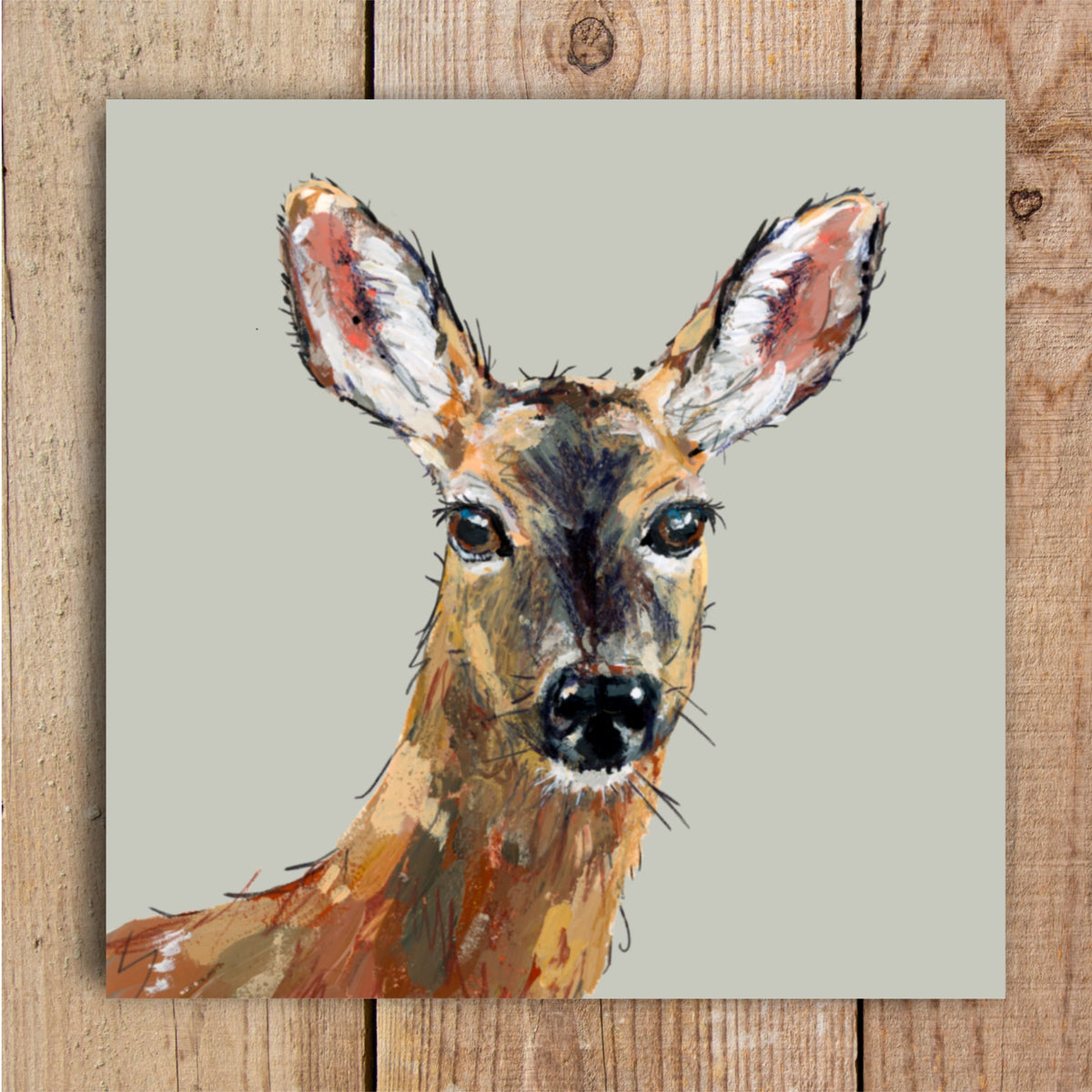 Dinky the Deer portrait, eco friendly greetings card featuring an original British woodland wildlife painting by Louise Ellwood Parker.