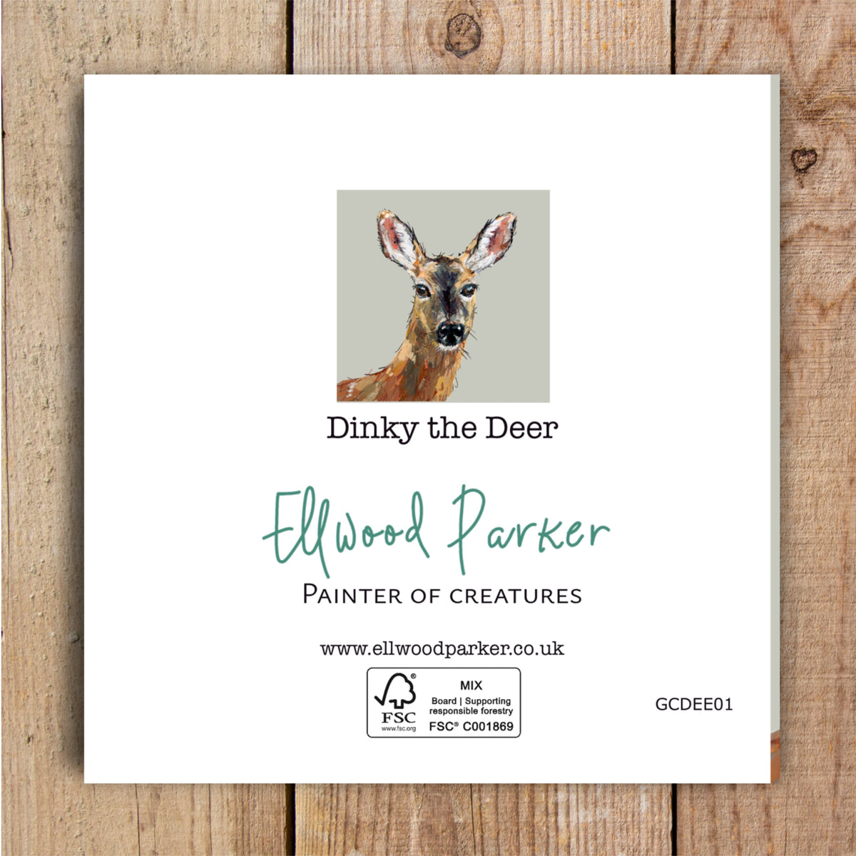 Reverse of a square deer greetings card showing the Ellwood Parker.