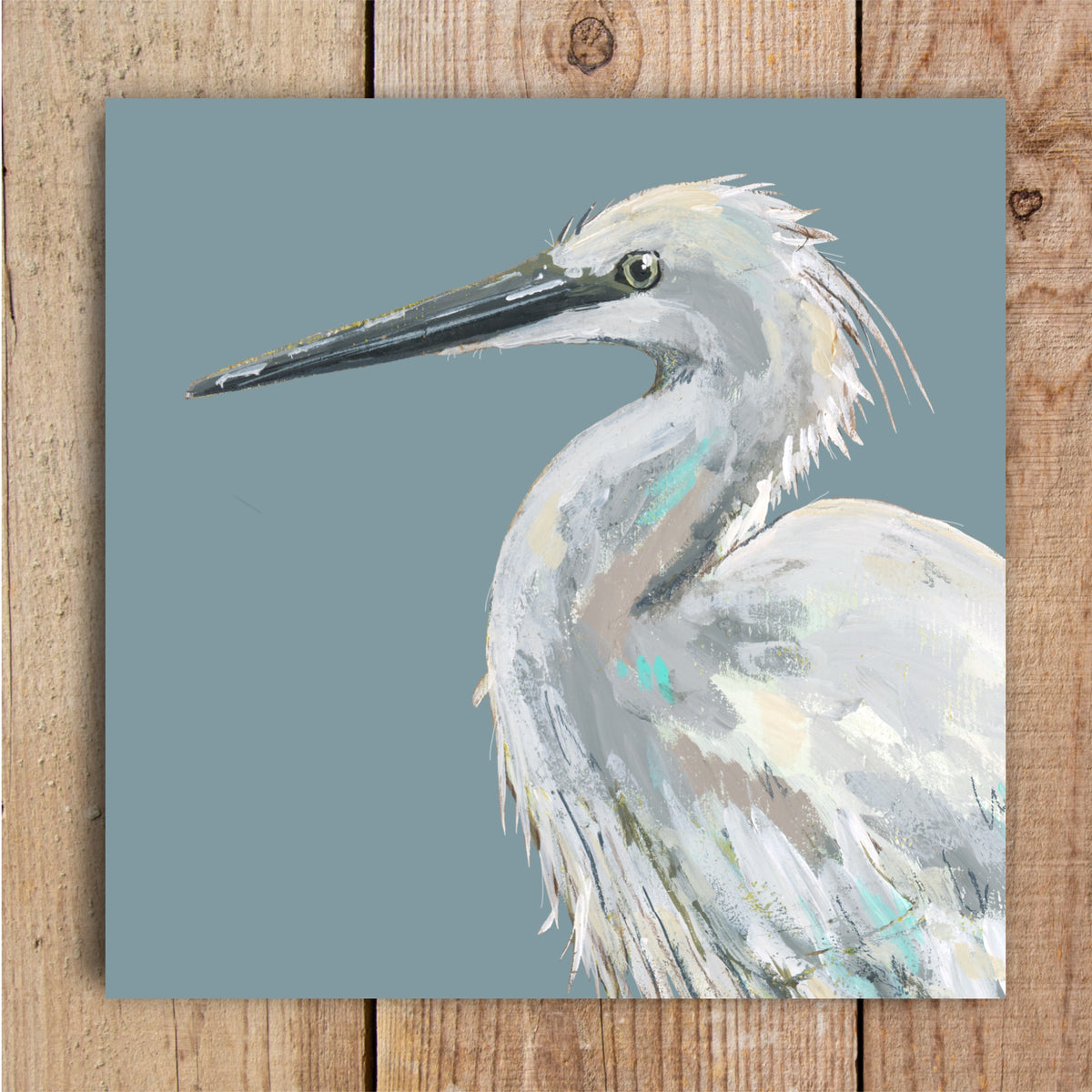 Womble the Egret, an eco friendly greetings card featuring an original white plumage wetland bird painting by Louise Ellwood Parker.
