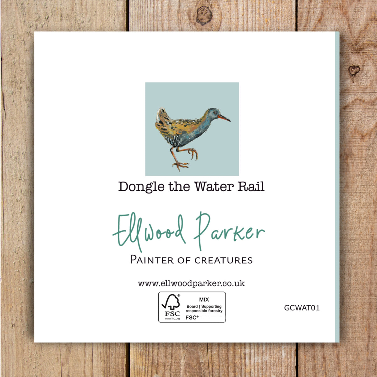 Backside of square egret bird greetings card by card brand Ellwood Parker.